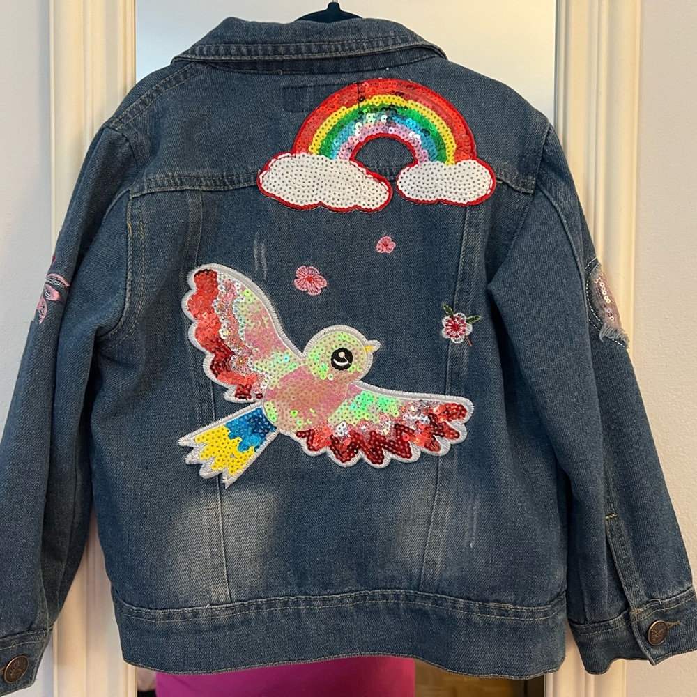 Kids Denim Jacket with Rainbow and Bird Design